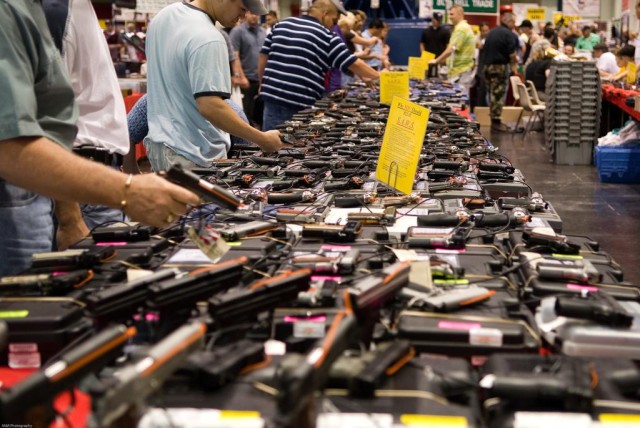 The handgun table at one of America's many gun shows.
