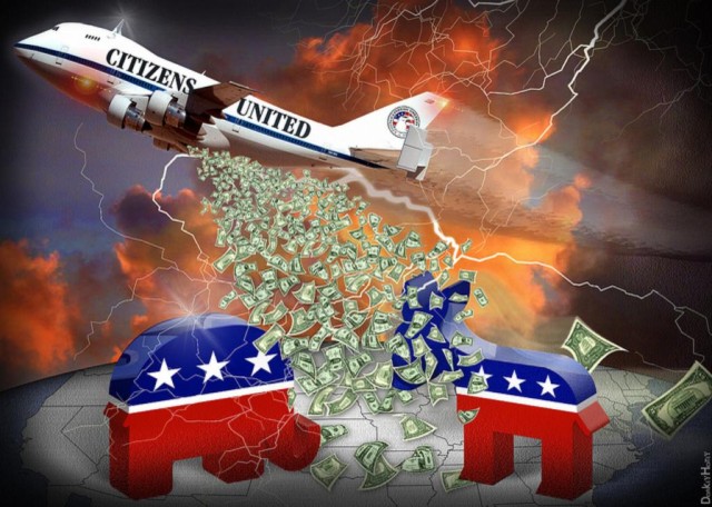 Citizens United graphic - plane with money (color)