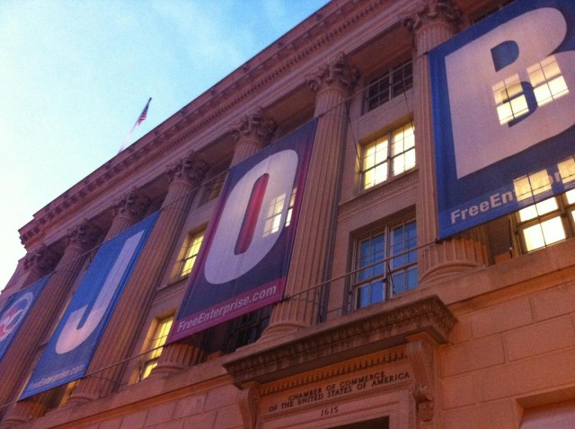 U.S. Chamber of Commerce exterior with giant JOBS banner