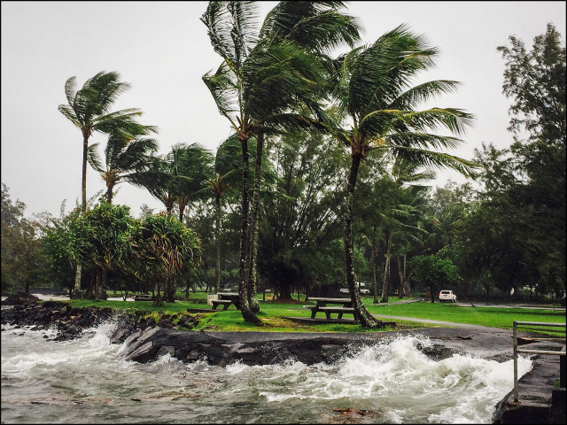 Waves from Hurricane Iselle hit rock wall at 2:57pm along park on  Banyan Drive in Hilo on August 8, 2014