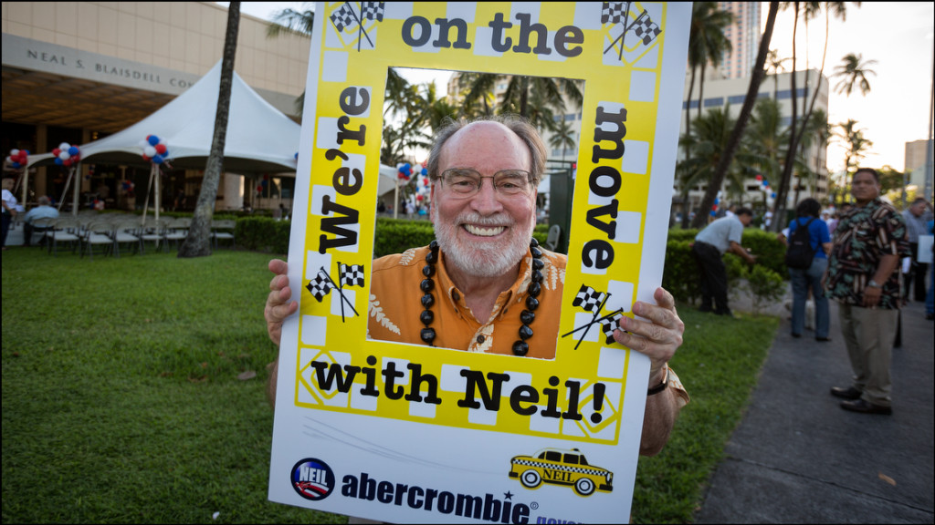 Gov. Neil Abercrombie poses with young ballerinas in front of Blaisdell Center before holding his campaign last rally of the Primary season on August 5, 2014.