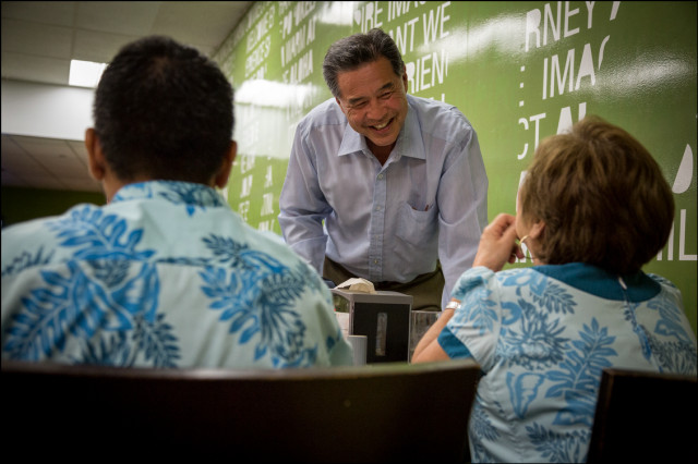Sen. Clayton Hee meets Local 5 hotel workers in the employee cafeteria at the Sheraton Waikiki on August 5, 2014.
