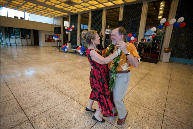 Gov. Neil Abercrombie dances with his wife Nancie Caraway to the song The Impossible Dream at the end of his campaign last rally of the Primary season on August 5, 2014.