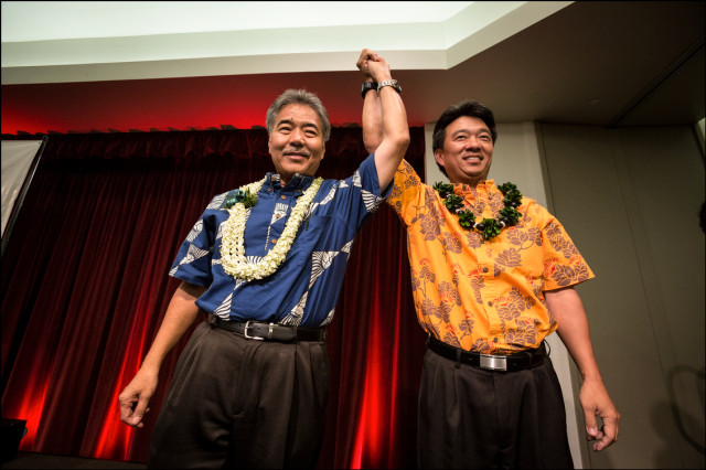 Democratic nominee for Gov. Sen. David Ige  and nominee Lt. Gov. Shan Tsutsui at the Democratic Party Unity Breakfast on August 10, 2014