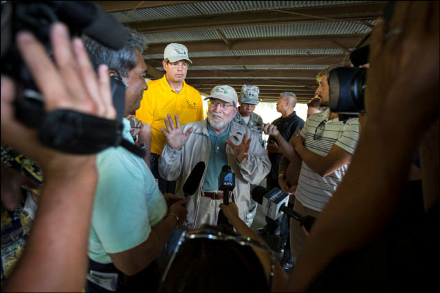 Gov. Neil Abercrombie holds news conference at the Nanawale Community Center in the Puna area of Hawaii Island on August 13, 2014.  The governor said he toured houses devastated by Hurricane Iselle and talked to residents.  His staff did not inform the press so there's no coverage of that part of his trip.