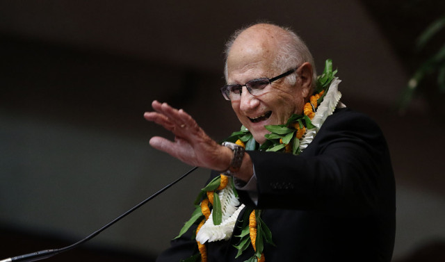 House Speaker Joe Souki waves to legislators on opening day.  21 jan 2015. photograph Cory Lum/Civil Beat