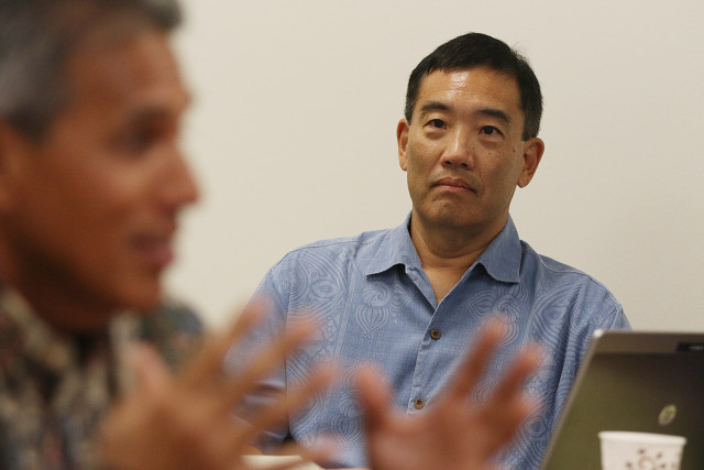 Ethics Commission.  Les Kondo listens as Lieutenant Governor Duke Aiona testifies in support of Les Kondo during meeting. 27 may 2015 .  photograph by Cory Lum/Civil Beat