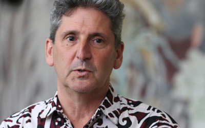 University of Hawaii President David Lassner gives a press conference in response to Governor Ige's 10 points about TMT/Mauna Kea fronting Jean Charlot's fresco at Bachman Hall. UH Manoa. 26 may 2015. photograph Cory Lum/Civil Beat