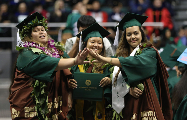 University of Hawaii students gesture during commencement ceremonies held at UH Manoa. 16 may 2015. photograph by Cory Lum/Civil Beat