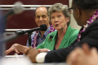 Hawaii State Representative Cynthia Thielen makes a point during press conference held at UH Law on Environmental Court. 26 june 2015. photograph by Cory Lum/Civil Beat