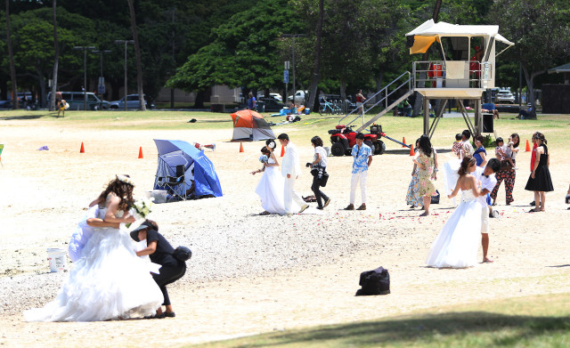 Couples enjoy their wedding photographs along Ala Moana Beach park, Magic Island side.  15 july 2015. photograph Cory Lum/Civil Beat