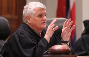 Hawaii State Supreme Court Chief Justice Mark Recktenwald gestures during attorneys oral arguments. mauna kea tmt. 27 aug 2015. photograph Cory Lum/Civil Beat