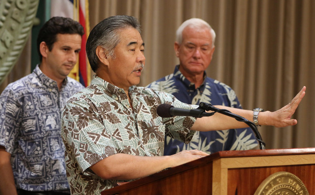 Left Governor David Ige, Sen Brian Schatz and right, Mayor Kirk Caldwell during homeless press conference announcing Scott Morishige as State Homeless Chair. 10 aug 2015.  photograph Cory Lum/Civil Beat