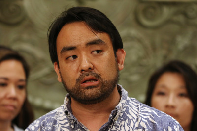 Scott Morishige, State of Hawaii State Coordinator on Homeless speaks to media during Governor Ige's press conference on homeless update. 27 aug 2015. photograph Cory Lum/Civil Beat