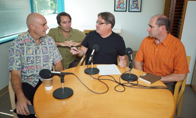 Left to Right, NextEra President Eric Gleason, Eric Pape, Chad Blair and right, Rob Gould, NextEra VP Marketing and communication. 4 sept 2015. photograph Cory Lum/Civil Beat