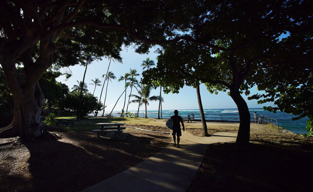 Surfer waslks down pathway at Makalei Park near Diamond Head. 23 oct 2015. photograph Cory Lum/Civil Beat