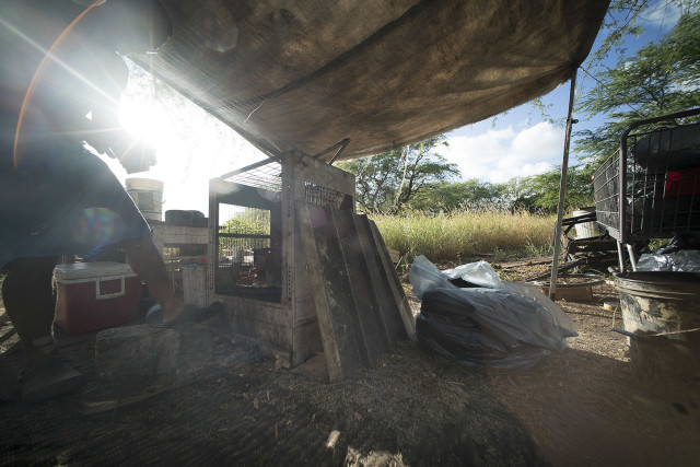 Jay loads up his keawe/mesquite fired stove. 