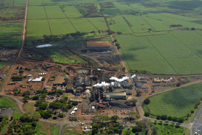 An aerial view of the Hawaiian Commercial and Sugar Company mill on Maui owned by Alexander & Baldwin. 