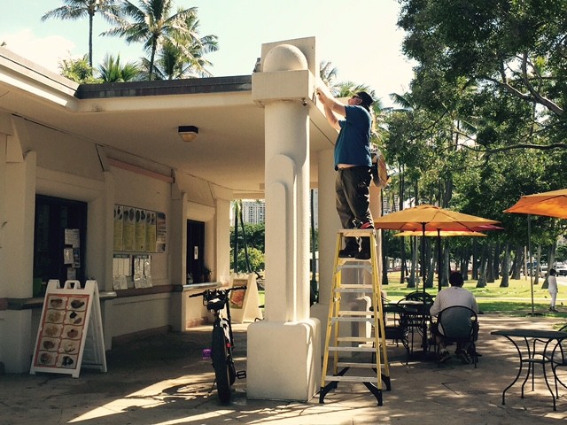 New LED lights are installed at a food concession at Ala Moana Beach Park.