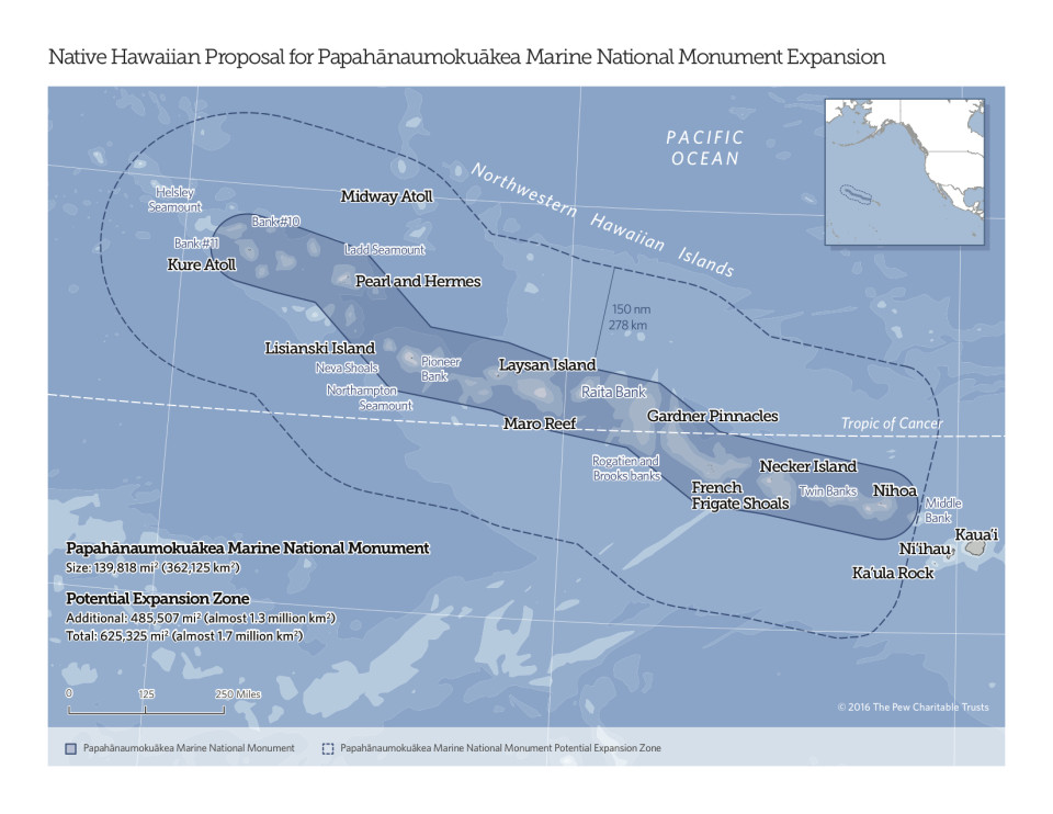 This map shows the proposed expansion of Papahanaumokuakea Marine National Monument.