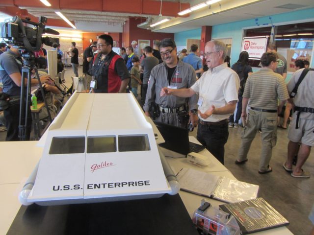 At the last Honolulu Mini Maker Faire, Roger Garrett, founder of the Hawaii Inventors Association, displayed his replica Star Trek Galileo shuttlecraft.