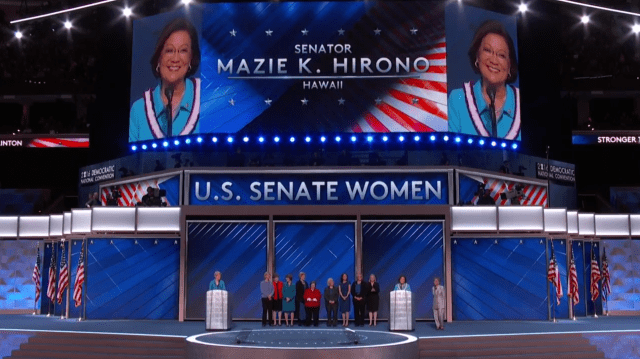 U.S. Sen. Mazie Hirono speaks at the 2016 Democratic National Convention as one of 12 Democratic women in the Senate who endorsed Hillary Clinton from the stage on Thursday. 