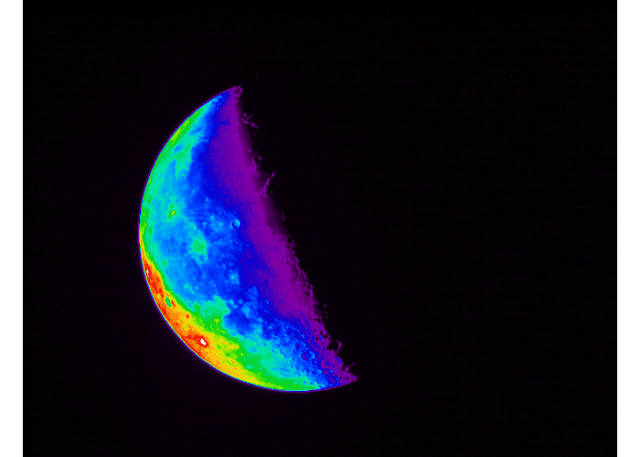 A photo of the moon using a "blend rainbow" filter.